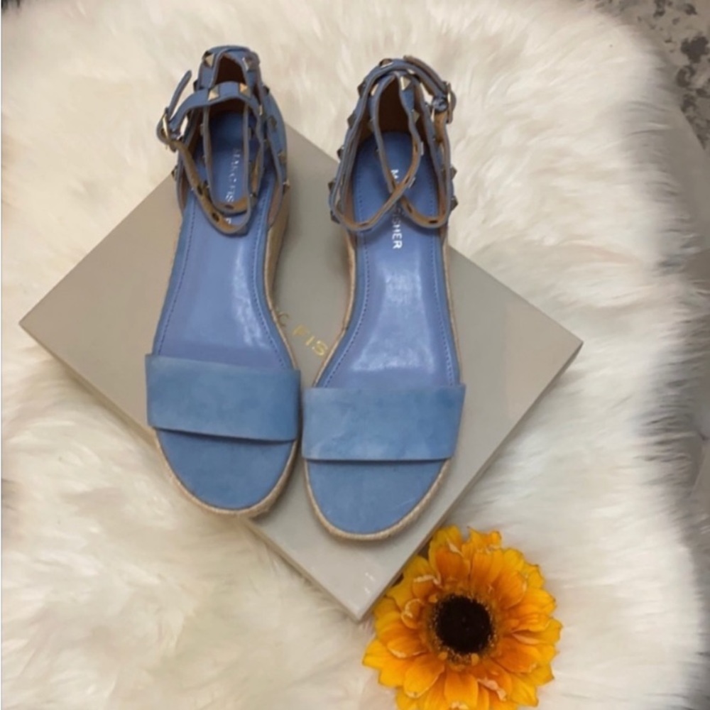 PRICE IS FIRM NEW! Blue Suede Stud Jazlyn Marc Fisher Espadrille Platform Sandal - Picture 2 of 4
